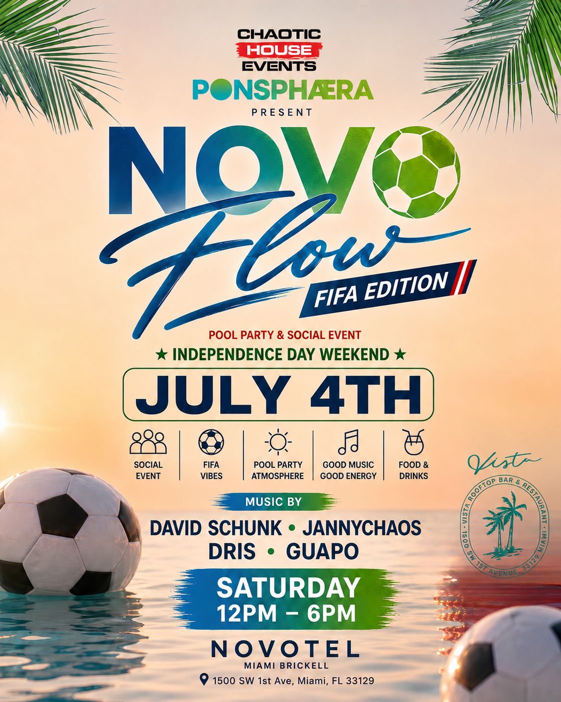 NOVO Flow FIFA Edition July 4th Independence Day rooftop pool party presented by Ponsphaera and Chaotic House Events at Novotel Miami Brickell
