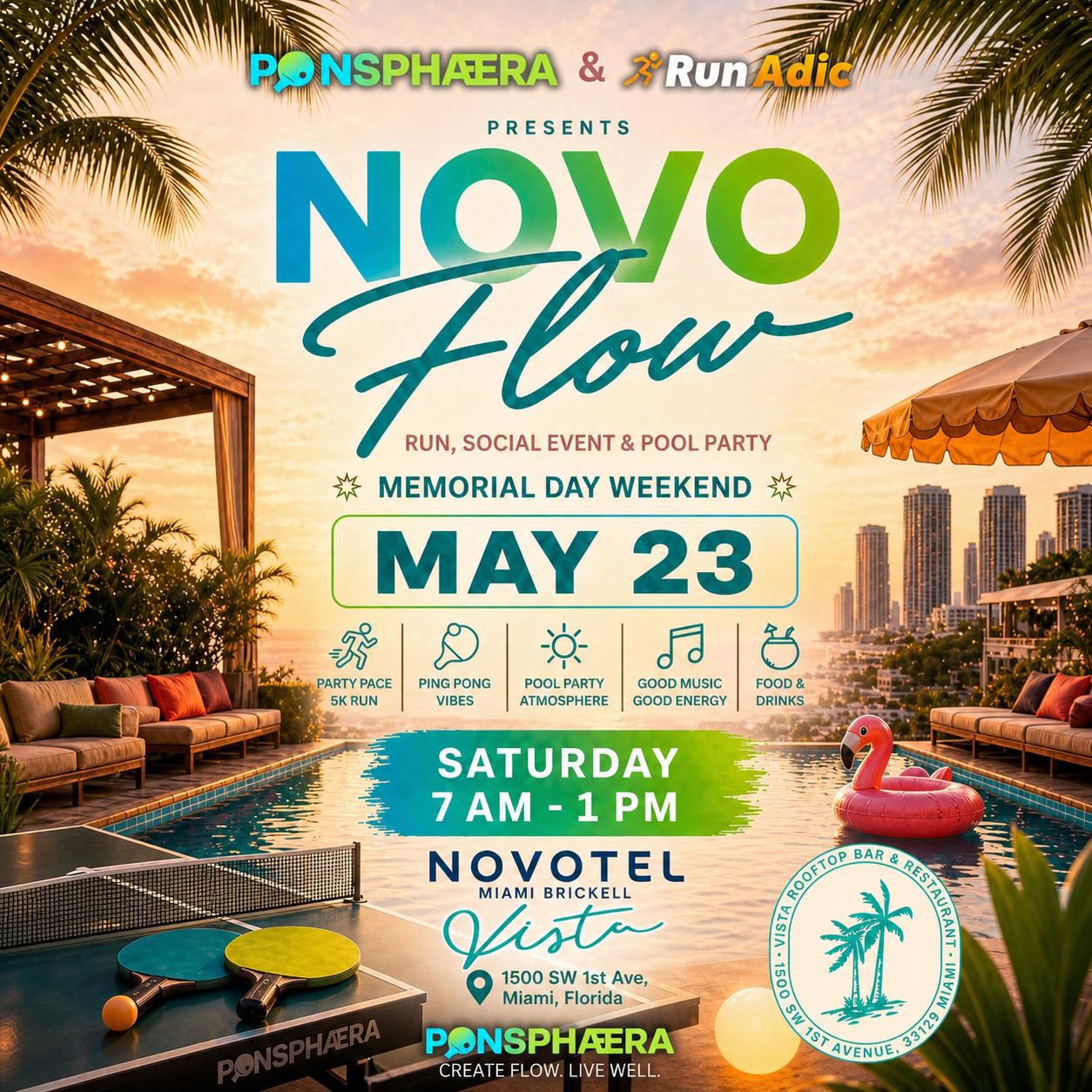 NOVO Flow Memorial Day Weekend 5K run and rooftop pool party presented by Ponsphaera and Runadic at Vista Rooftop Novotel Miami Brickell May 23 2026